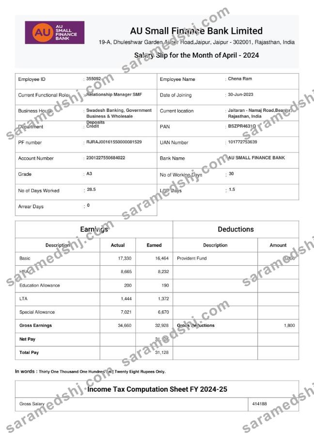 AU Small Finance Bank salary slip template in Word and PDF formats.pdf, 1